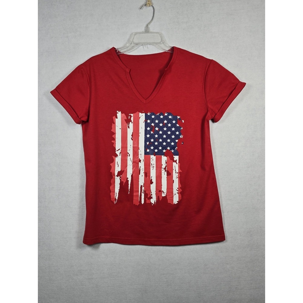 Womens Distressed American Flag T-Shirt V Neck Short Sleeve Small Red